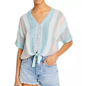 Rails Thea Striped Blouse Women's XL Linen Rayon Tie Front Pink Blue Relaxed Fit